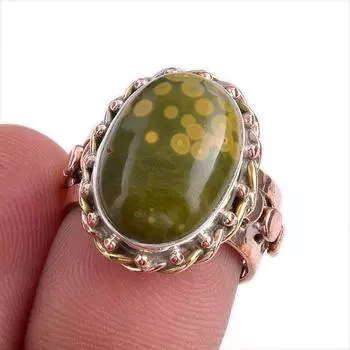 Ювелирное кольцо из натурального океанского яшма, двухцветное ювелирное кольцо из стерлингового серебра 925 пробы S.6 g3b29