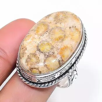 Ювелирное кольцо из серебра 925 пробы с натуральным ископаемым кораллом, размер 9,5 E2d33