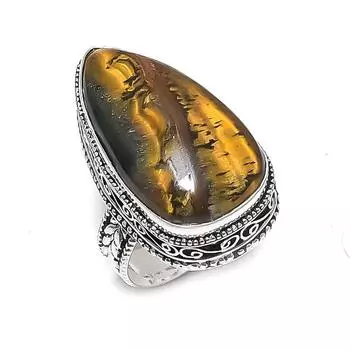 Ювелирное кольцо из серебра 925 пробы с натуральным тигровым глазом, размер 10 M4y51