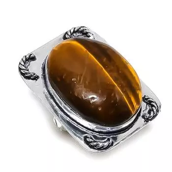 Ювелирное кольцо из стерлингового серебра 925 пробы с натуральным тигровым глазом, размер 6,5 J4F43