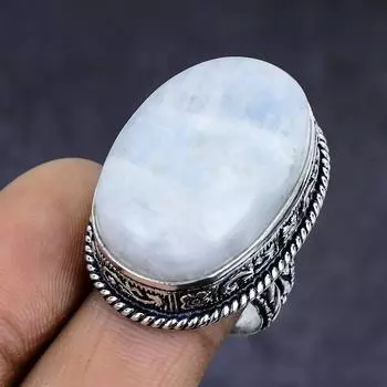 Ювелирное кольцо из стерлингового серебра 925 пробы с натуральным радужным лунным камнем, размер 8 p6D56