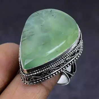 Ювелирное кольцо из стерлингового серебра 925 пробы с натуральным драгоценным камнем пренитом, размер 7,5 W1Y27