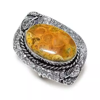 Ювелирное кольцо из стерлингового серебра 925 пробы с натуральным ископаемым кораллом, размер 8 b5B91