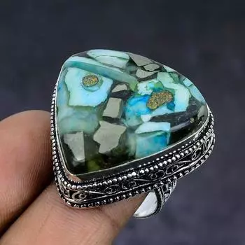 Ювелирное кольцо из стерлингового серебра 925 пробы с натуральным пиритом и бирюзой, размер 8 a4A82