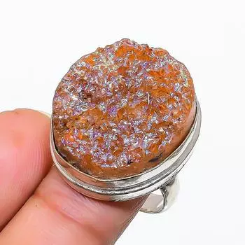 Ювелирное кольцо из стерлингового серебра 925 пробы с натуральным титановым драгоценным камнем Друзы, размер 8 R9L28