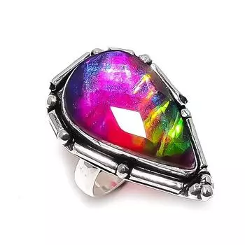 Ювелирное кольцо из стерлингового серебра 925 пробы с натуральным дихроичным стеклянным драгоценным камнем, размер 7 Z9F49