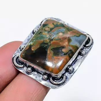 Ювелирное кольцо из стерлингового серебра 925 пробы с натуральным тропическим яшмом, размер 9 E9V11