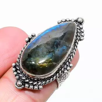 Ювелирное кольцо из стерлингового серебра 925 пробы с лабрадоритом, размер 6, E4T61 6 чёрный