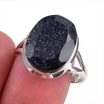 Ювелирное кольцо из стерлингового серебра 925 пробы с натуральным синим солнечным камнем S.9 r9p49