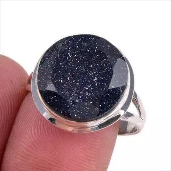 Ювелирное кольцо из стерлингового серебра 925 пробы с натуральным синим солнечным камнем S.9 b8W51