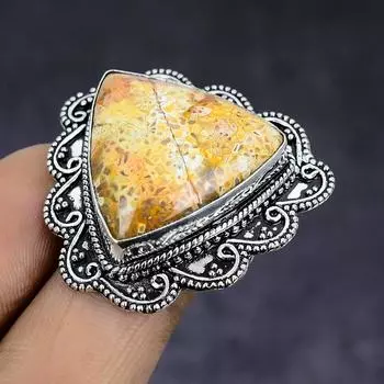 Ювелирное кольцо из стерлингового серебра 925 пробы с натуральным камнем океанской яшмы, размер 7 c7y08