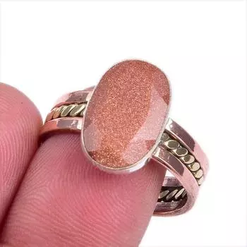 Ювелирное кольцо из стерлингового серебра 925 пробы с натуральным солнечным камнем, двухцветное ювелирное кольцо S.9.5 c9F23