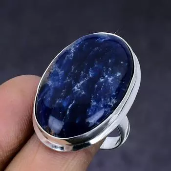 Ювелирное кольцо из стерлингового серебра 925 пробы с натуральным драгоценным камнем содалитом, размер 8,5 C6I15