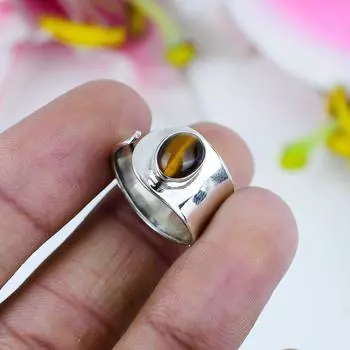 Ювелирное кольцо из стерлингового серебра 925 пробы с натуральным тигровым глазом, размер 8 F6G49