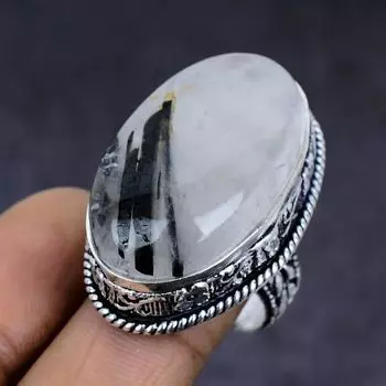 Ювелирное кольцо из стерлингового серебра 925 пробы с натуральным черным рутилом, размер 8,5 J4T87