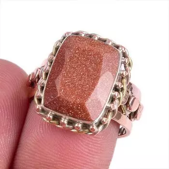 Ювелирное кольцо из стерлингового серебра 925 пробы с натуральным солнечным камнем, двухцветное ювелирное кольцо, размер 7 H1k20