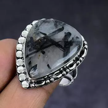 Ювелирное кольцо из стерлингового серебра 925 пробы с натуральным черным рутилом, размер 8,5 j9e75