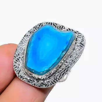 Ювелирное кольцо из стерлингового серебра 925 пробы с натуральным синим друзовым драгоценным камнем, размер 7, D0A07