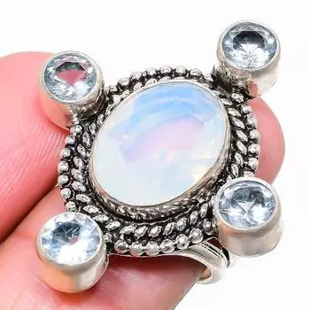 Ювелирное кольцо из стерлингового серебра 925 пробы с молочным опалом и голубым топазом, размер 7,5 n9q79 7.5 белый