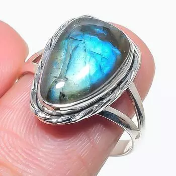 Ювелирное кольцо из твердого серебра 925 пробы с натуральным лабрадоритом ручной работы S.8.5 r7K70