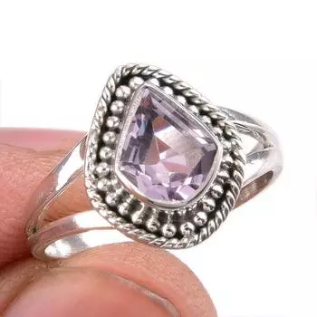 Ювелирное кольцо из твердого серебра 925 пробы с натуральным розовым аметистом ручной работы S.6 N6s13