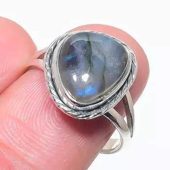 Ювелирное кольцо из твердого серебра 925 пробы с натуральным лабрадоритом ручной работы, размер 8 O0w37