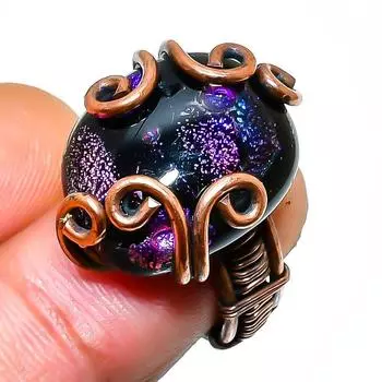 Ювелирное кольцо ручной работы из дихроичного стекла с драгоценными камнями из медной проволоки, размер 4