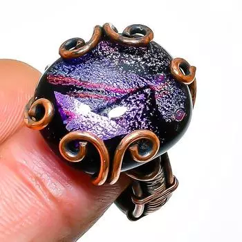 Ювелирное кольцо ручной работы из дихроичного стекла с драгоценными камнями из медной проволоки, размер 9