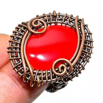 Ювелирное кольцо ручной работы из итальянского красного коралла с медной проволокой, размер 7