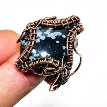 Ювелирное кольцо ручной работы из медной проволоки со снежинкой и обсидианом, размер 9