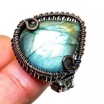 Ювелирное кольцо ручной работы из медной проволоки с лабрадоритом, размер 9