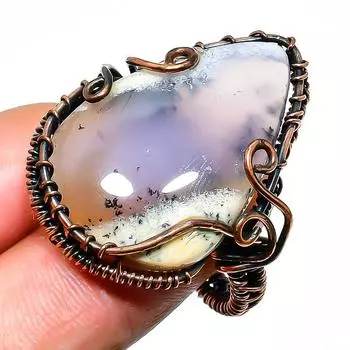 Ювелирное кольцо ручной работы из медной проволоки с дендритом и опалом, размер 8,5