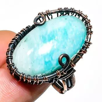 Ювелирное кольцо ручной работы из медной проволоки с амазонитом, размер 9,5