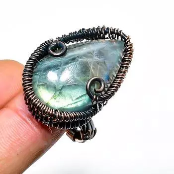 Ювелирное кольцо ручной работы из медной проволоки с лабрадоритом, размер 9,5