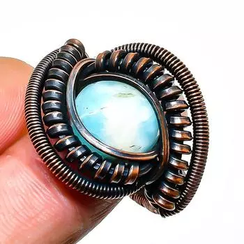 Ювелирное кольцо ручной работы из медной проволоки с драгоценным камнем Республика Ларимар, размер 8,5