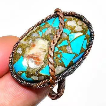 Ювелирное кольцо ручной работы из медной проволоки с драгоценным камнем колючая устрица, размер 10