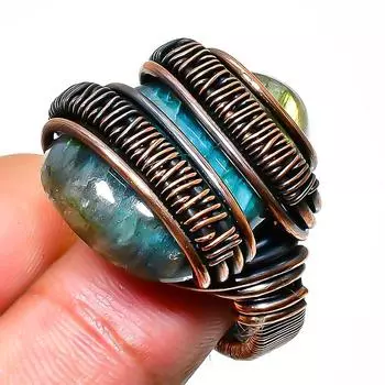 Ювелирное кольцо ручной работы из медной проволоки с лабрадоритом, размер 6,5