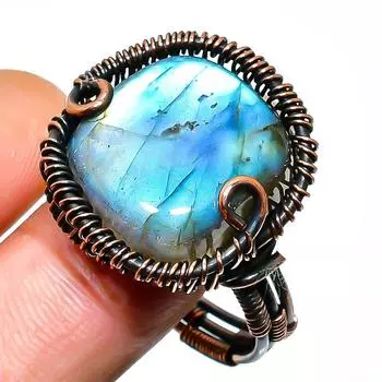 Ювелирное кольцо ручной работы из медной проволоки с лабрадоритом, размер 10