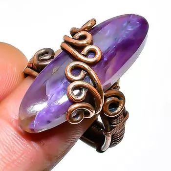 Ювелирное кольцо ручной работы из медной проволоки с русским чароитом, размер 8