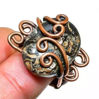 Ювелирное кольцо ручной работы из медной проволоки Turritella с ископаемым драгоценным камнем, размер 5