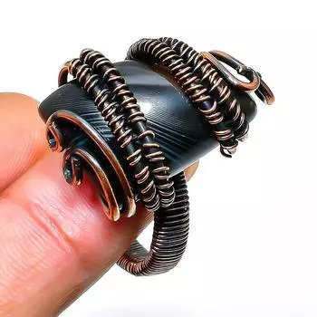 Ювелирное кольцо ручной работы из медной проволоки с полосатым агатом и драгоценным камнем, размер 9