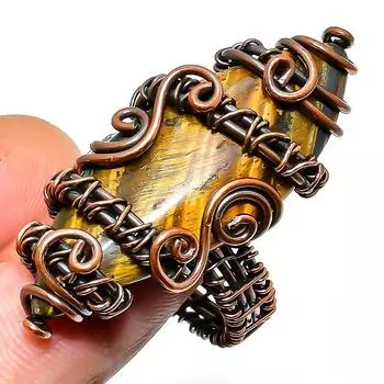 Ювелирное кольцо ручной работы из медной проволоки с драгоценным камнем «Тигровый глаз», размер 9,5