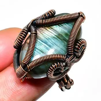 Ювелирное кольцо ручной работы из медной проволоки с лабрадоритом, размер 10