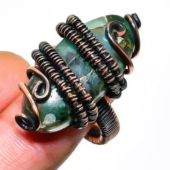 Ювелирное кольцо ручной работы из медной проволоки с драгоценным камнем хризопраз, размер 8