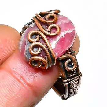 Ювелирное кольцо ручной работы из медной проволоки с родохрозитом, размер 10