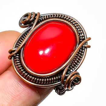 Ювелирное кольцо ручной работы из медной проволоки с итальянским красным кораллом, размер 7,5