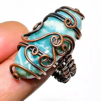Ювелирное кольцо ручной работы из медной проволоки с драгоценным камнем Республика Ларимар, размер 8,5