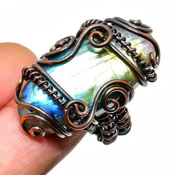 Ювелирное кольцо ручной работы из медной проволоки с лабрадоритом, размер 9