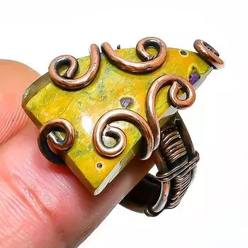 Ювелирное кольцо ручной работы из медной проволоки с драгоценным камнем Атлантисит, размер 7