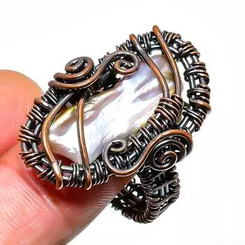 Ювелирное кольцо ручной работы из медной проволоки с жемчугом Бива, размер 9,5